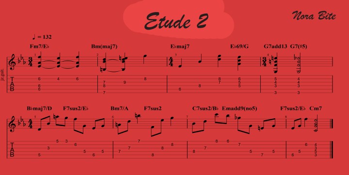 Etude 2 - Modern jazz guitar advanced exercises. Fingerstyle, chord melody exercises charts and guitar pro files. Jazz guitar advanced.